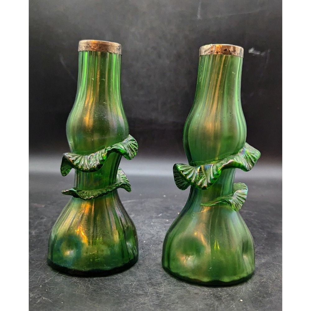 Set/2 Antique Art Nouveau Green Iridescent Bohemian Art Glass Bue Vase Metal Rim